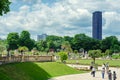 Luxembourg gardens on Montparnasse Tower background