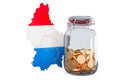 Luxembourgish map with glass jar full of golden coins, 3D rendering Royalty Free Stock Photo