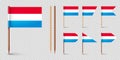 Luxembourgish toothpick flags. Souvenir from Luxembourg. Wooden toothpicks with paper flag. Location mark, map pointer