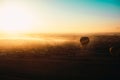 Luxor Egypt January 2021 Amazing wide shot of two hot air balloons in luxor, egypt. Amazing early morning sunrise illuminated over Royalty Free Stock Photo