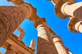 Luxor, Egypt - January 30, 2021 - Detail of the Karnak Temple. Massive columns inside beautiful Egyptian landmark with Royalty Free Stock Photo