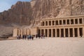 Queen Hatshepsut mortuary temple and the red cliffs of the western bank of the Nile river