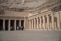 Queen Hatshepsut mortuary temple and the red cliffs of the western bank of the Nile river