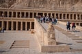 Queen Hatshepsut mortuary temple and the red cliffs of the western bank of the Nile river