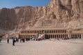 Queen Hatshepsut mortuary temple and the red cliffs of the western bank of the Nile river