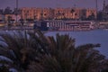 Luxor ,Egypt night shot from west bank showing Nile river and Winter palace hotel in East bank