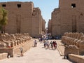 Luxor, Egypt - October 3, 2021: View of the Karnak Temple - a temple complex of ancient Egypt. Group of people walk and inspect