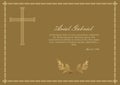 Luxurios obituary with golden elements on dark golden background, simply gold cross and laurel branche