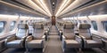Luxurious airplane cabin interior rows of comfortable seats, modern design, and soft lighting. Generative AI Royalty Free Stock Photo