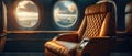 A luxurious airplane with gold accents and a sun shining through the windows by AI generated image