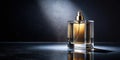 A luxurious amber fragrance bottle, elegantly displayed on a dark reflective surface, bathed in a dramatic spotlight. Generative Royalty Free Stock Photo
