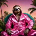 Luxurious anthropomorphic sloth, fashionable and adorned in glimmering jumpsuit