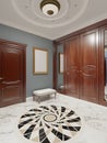 The luxurious apartment hall in a classic style with brown furniture and blue walls