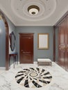 The luxurious apartment hall in a classic style with brown furniture and blue walls