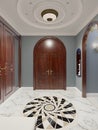 The luxurious apartment hall in a classic style with brown furniture and blue walls. Decorative niches in the wall with a