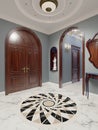 The luxurious apartment hall in a classic style with brown furniture and blue walls. Decorative niches in the wall with a