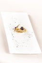 Luxurious appetizer with duck liver, onion, sweet sauce, placed on toasted bread, decorated with eatable flower and purple