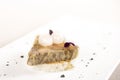 Luxurious appetizer with duck liver, onion, sweet sauce, placed on toasted bread, decorated with eatable flower and purple