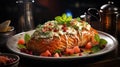 Luxurious Appetizing Donut with Salmon on an Exquisite Plate on a Table in a Hipster Cafe on Selective Focus Background