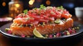 Luxurious Appetizing Donut with Salmon on an Exquisite Plate on a Table in a Hipster Cafe on Selective Focus Background