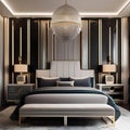A luxurious Art Deco-inspired bedroom with mirrored furniture and geometric patterns2