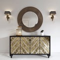 Luxurious art deco style dresser with gilded facade and patina. Round mirror over the chest and sconce