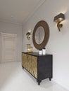 Luxurious art deco style dresser with gilded facade and patina. Round mirror over the chest and sconce