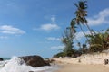 Paradise landscape with the Pacific Ocean, waves crashing against the stones, the beach and palm trees. Thailand Samui Royalty Free Stock Photo