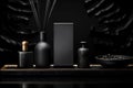A luxurious assortment of all black spa products on a glossy surface, conveying opulence and serenity, suitable for high