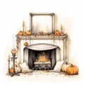 Luxurious Autumn Fireplace Illustration With Pumpkins And Eccentric Props Royalty Free Stock Photo