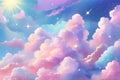 Luxurious backdrop featuring radiant, glittering clouds drifting across a bright, clear sky
