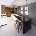 Luxurious bar counter in a modern kitchen and a large panoramic