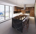 Luxurious bar counter in a modern kitchen and a large panoramic window. Kitchen of different materials, marble, wood, plastic