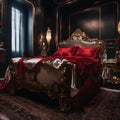 Luxurious Baroque Bedroom with Red Satin Bedding and Gold Accents