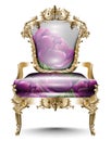 Luxurious Baroque chair soft textile. Vector realistic 3D designs. Golden carved ornaments