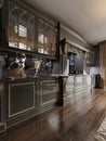 Luxurious baroque style kitchen furniture design, black marble kitchen apron and black patel meel