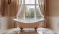 Luxurious bathroom in calm beige cream colors style. Luxury interior bathroom classic Retro bathtub shape next to big window.