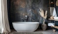 Luxurious bathroom in grunge dark style. Luxury interior bathroom modern bathtub and design furniture and cozy towels. Modern home