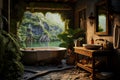 Luxurious bathroom interior with large bathtub, comfortable washbasin, indoor plants and beautiful view from large window Royalty Free Stock Photo