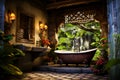 Luxurious bathroom interior with large bathtub, comfortable washbasin, indoor plants and beautiful view from large window Royalty Free Stock Photo