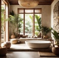 Luxurious bathroom in jungle surrounding. Luxury interior bathroom modern bathtub and green exotic plants palms leaves in villa. Royalty Free Stock Photo