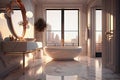 A luxurious bathroom with marble floors, a freestanding tub, and a stunning view of the city. Luxurious apartment background with