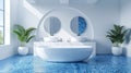 Luxurious bathroom in a modern interior style with mosaics in blue shades, an oval-shaped bathtub, behind it are two Royalty Free Stock Photo