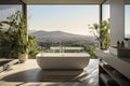 Luxurious bathroom with a mountain view and tub