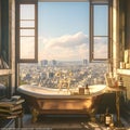Luxurious Bathroom Overlooking Cityscape - 5K Resolution Royalty Free Stock Photo