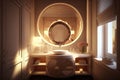 luxurious bathroom, with round white wash basin and mirrored vanity, surrounded by warm lighting Royalty Free Stock Photo