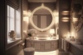 luxurious bathroom, with round white wash basin and mirrored vanity, surrounded by warm lighting Royalty Free Stock Photo