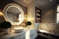 luxurious bathroom, with round white wash basin and mirrored vanity, surrounded by warm lighting Royalty Free Stock Photo
