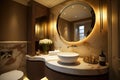 luxurious bathroom, with round white wash basin and mirrored vanity, surrounded by warm lighting Royalty Free Stock Photo