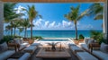 Luxurious beachfront patio with comfortable lounge furniture and panoramic view